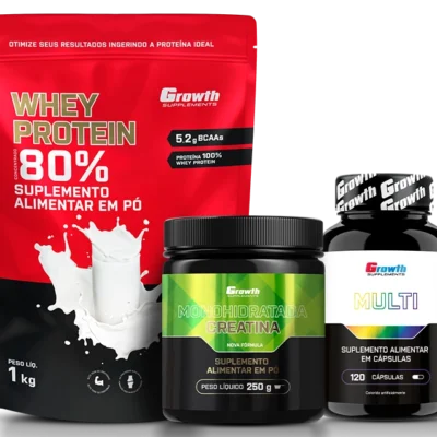 Kit Whey Protein Concentrado 1kg, Creatina Monohidratada 250g e Multivitamínico 120 caps