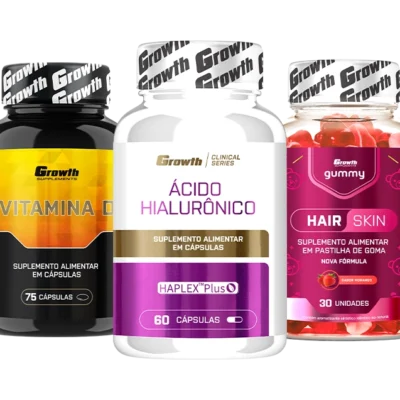Kit Saúde da Pele: Ácido Hialurônico 60 caps + Hair Skin Gummy 30 un + Vitamina D 75 caps