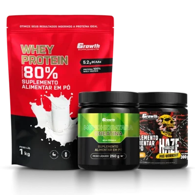 Kit Whey Protein Concentrado 1kg, Creatina Monohidratada 250g e Pré-Treino Haze Laranja 300g