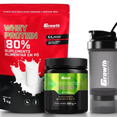 Kit Whey Protein Concentrado 1kg, Creatina Monohidratada 250g, Coqueteleira 3 compartimentos