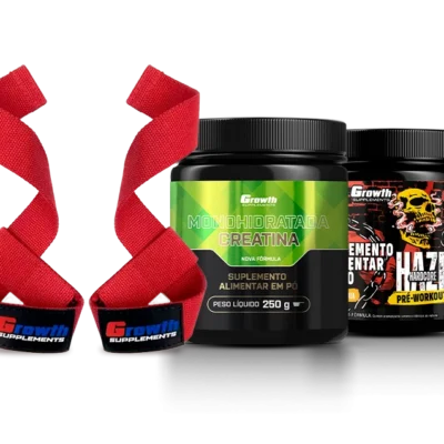 Kit  Pré-Treino Haze 300g, Creatina Monohidratada 250g, Fita Strap Vermelha