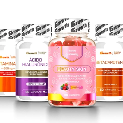 Kit Beauty Skin Gummy 30un, Ácido Hialurônico 60caps,  Betacaroteno 60soft e Vitamina C 500mg 120comp