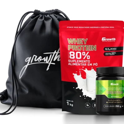 Kit Whey Protein Concentrado 1kg, Creatina Monohidratada 250g, Sacola tipo mochila preta